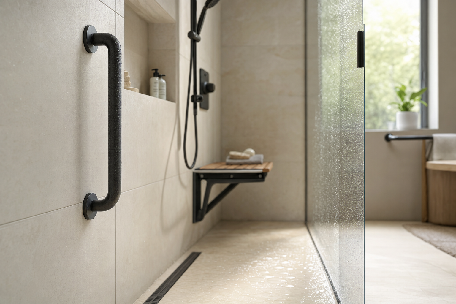 Detailansicht einer barrierefreien Dusche mit Haltegriff, Duschsitz und bodengleichem Ablauf
