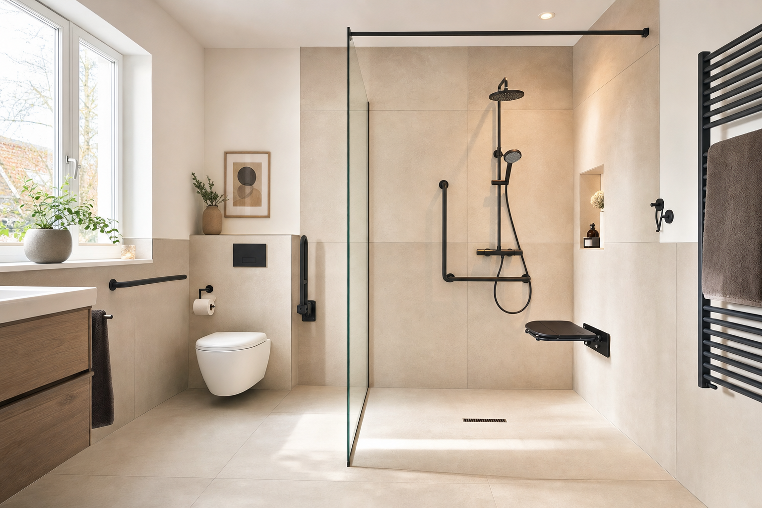 Modernes barrierefreies Badezimmer mit bodengleicher Dusche, Haltegriffen und Duschsitz